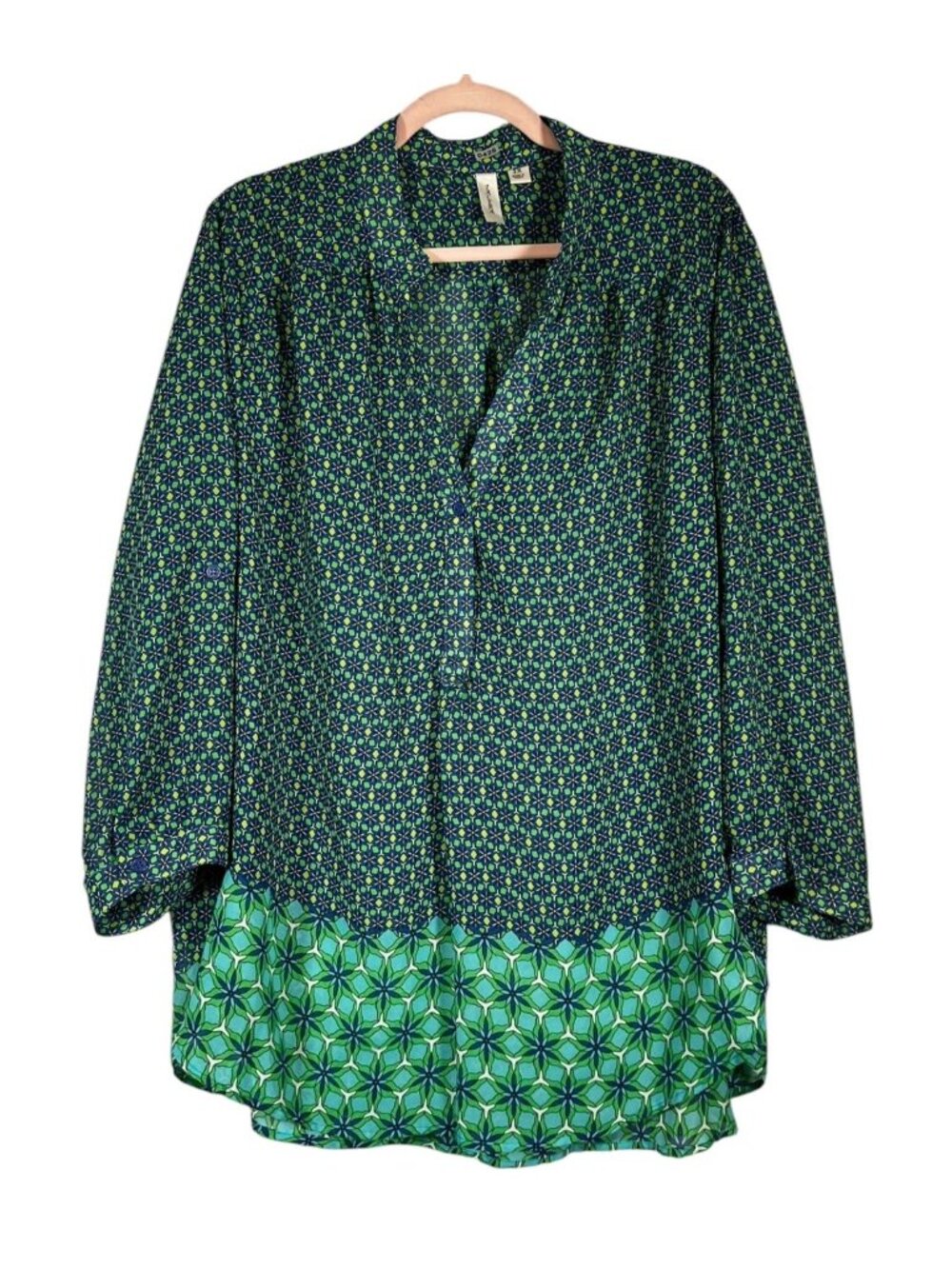 Tacera 2X Blue Green Geometric Tunic Blouse Plus Hollywood Studio Wardrobe